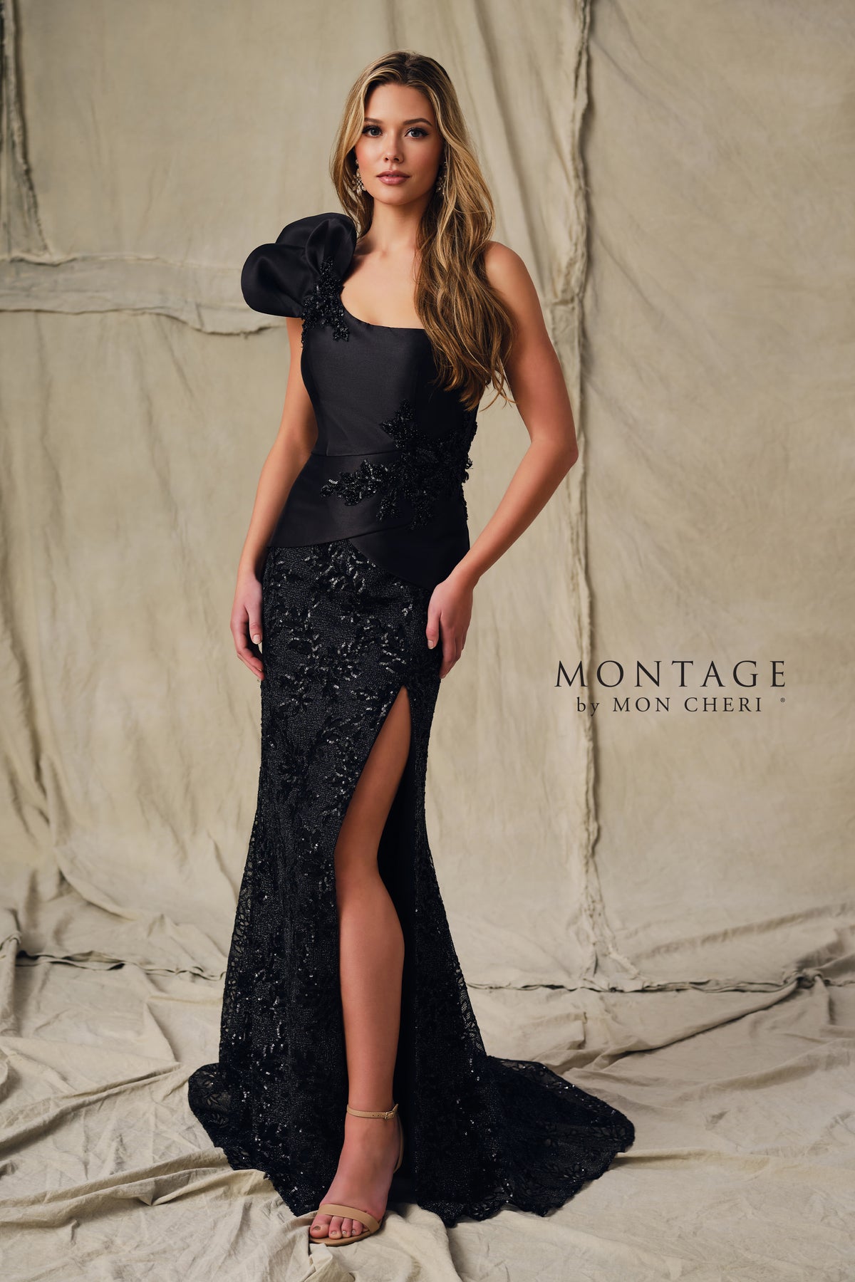Montage Dress Montage M3223 One-Shoulder Mermaid Beaded Metallic Net Mother of the Bride Gown