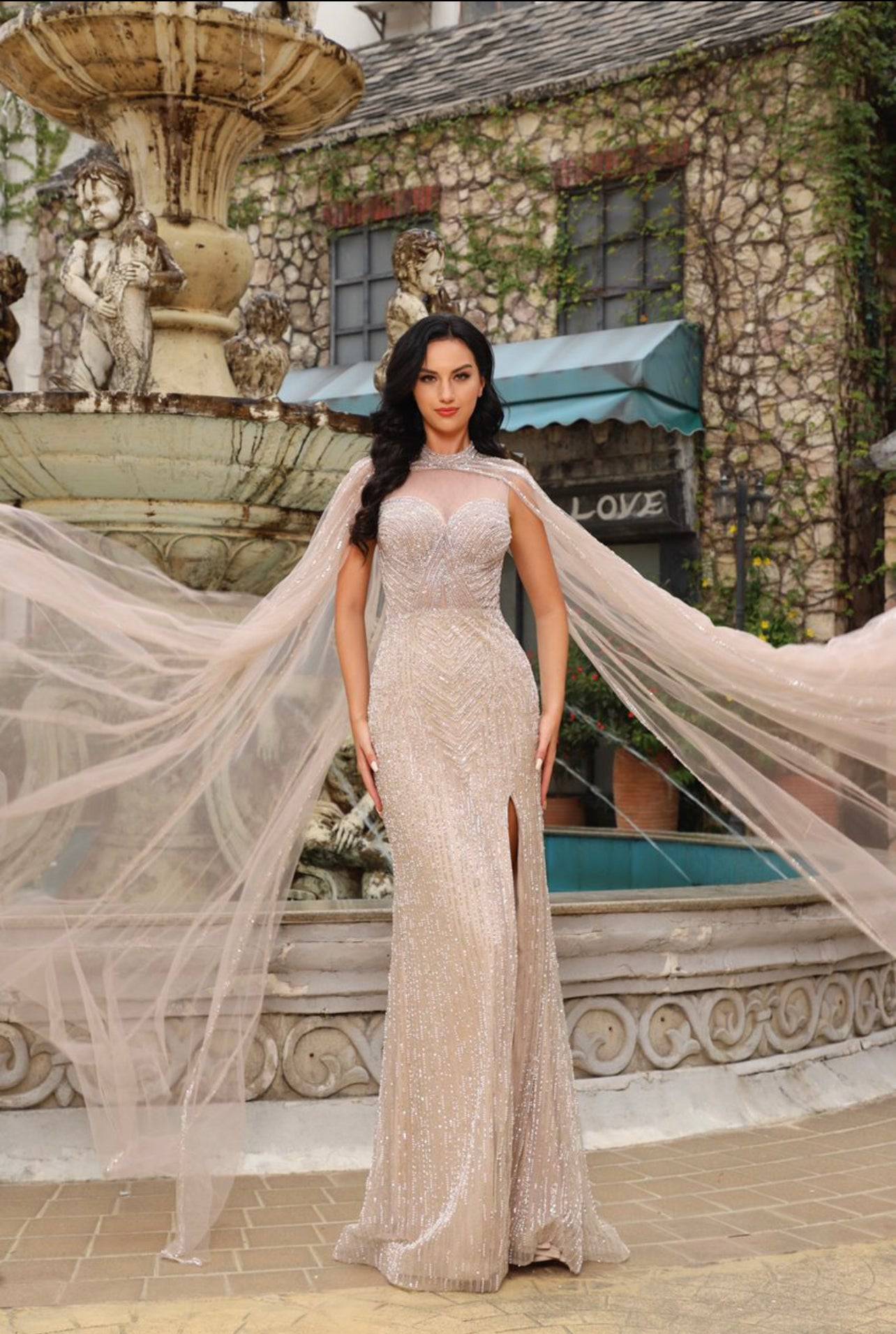 fitted lace wedding dress The Anastasia Dress with Cape Long Sleeves 6 / Champagne/Nude
