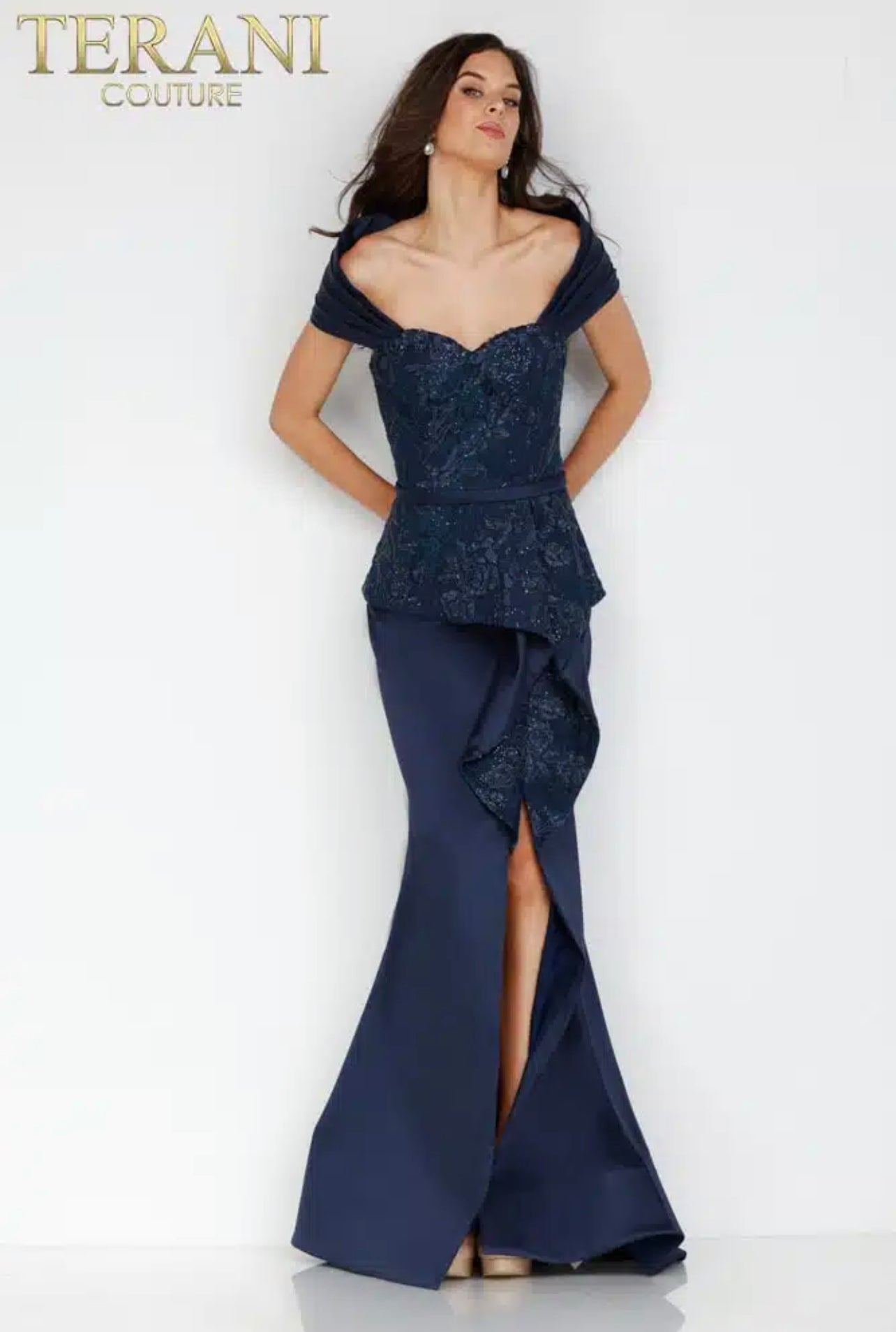 Terani Couture 231M0333 Peplum Shawl Style Formal Gown 16 / Navy