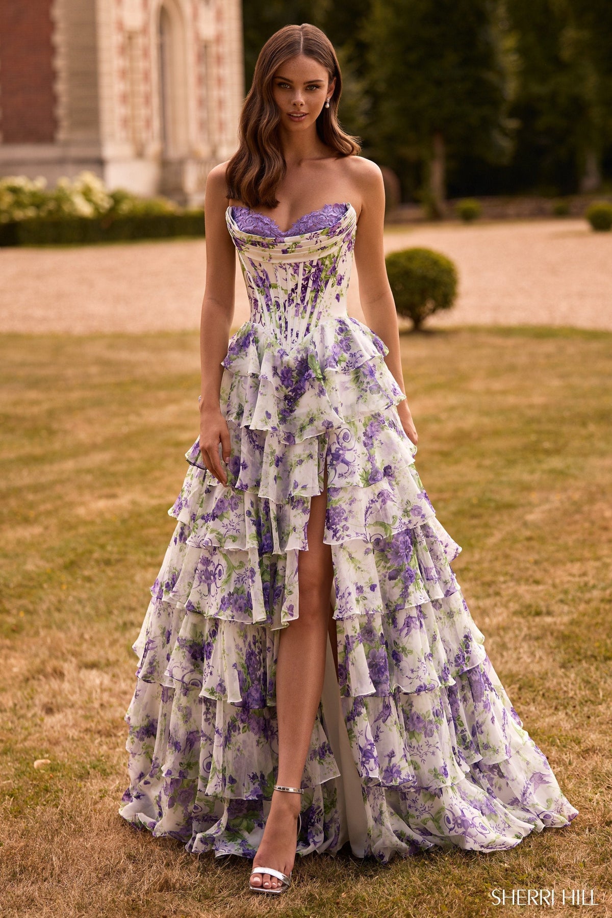 Sherri Hill Prom Dress Ivory/Purple Green Print / 000 Sherri Hill 57692