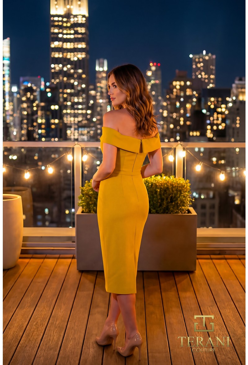 Terani Couture Dress Terani Couture 262C7004 Off-Shoulder Stretch Faille Sheath Midi Cocktail Dress