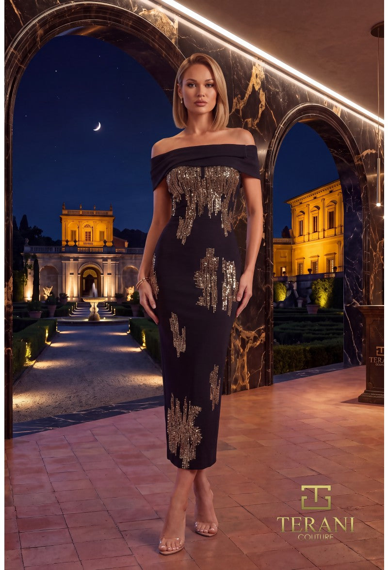 Terani Couture Dress Terani Couture 262C7544 Off-Shoulder Sequin Mikado Cocktail Column Dress