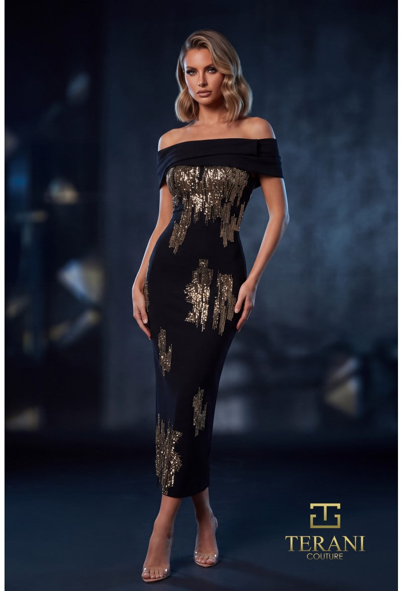 Terani Couture Dress Terani Couture 262C7544 Off-Shoulder Sequin Mikado Cocktail Column Dress