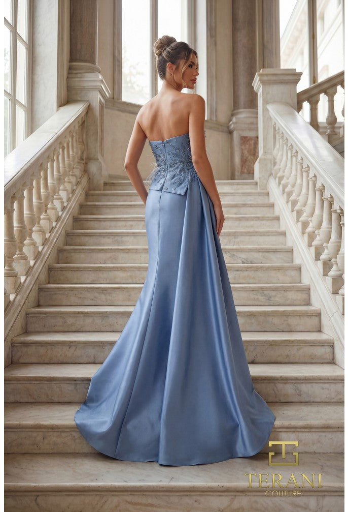 Terani Couture Dress Terani Couture 262E7052 Strapless Mikado Column Evening Gown with Side Overskirt