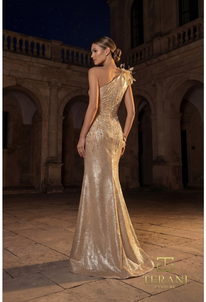 Terani Couture Dress Terani Couture 262E7062 One-Shoulder Metallic Column Evening Gown with High-Leg Slit