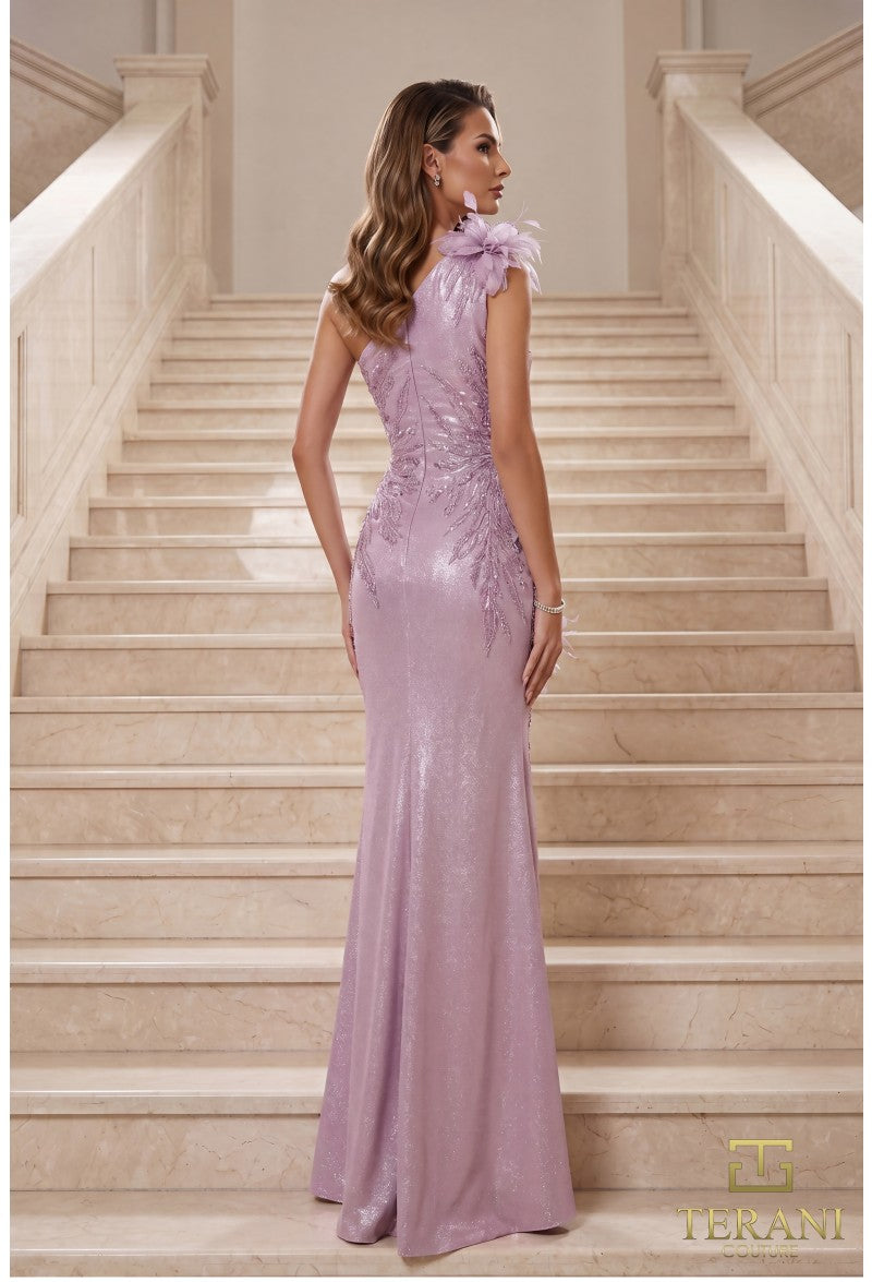 Terani Couture Dress Terani Couture 262E7062 One-Shoulder Metallic Column Evening Gown with High-Leg Slit
