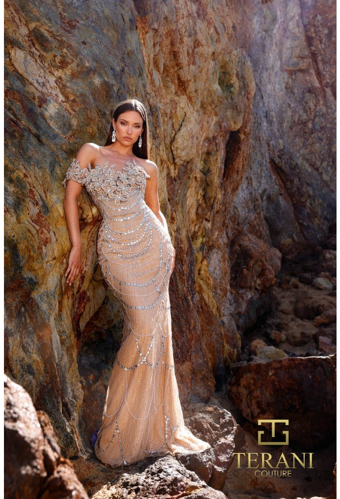 Terani Couture Evening Dress Champagne / 2 Terani Couture 252GL5227