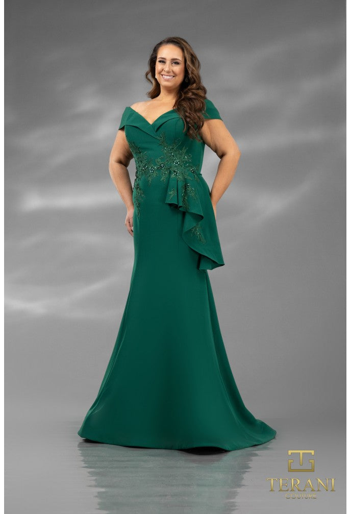 Terani Couture Evening Gown Terani Couture 1911M9339 Off Shoulder Side Drape Peplum Mermaid Gown