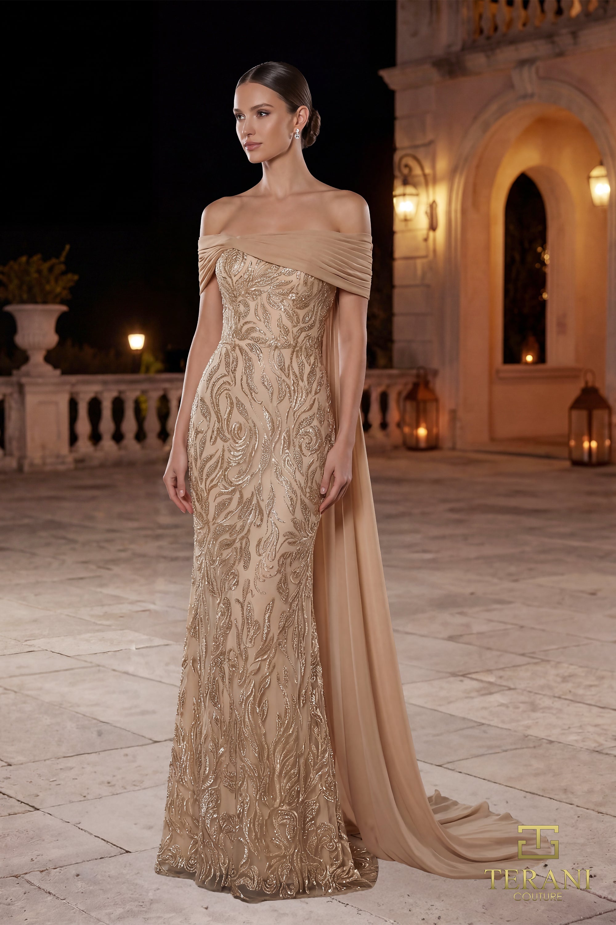 Terani Couture Mother of the Bride Dress Terani Couture 262M7264 Off-Shoulder Long Mother of the Bride Sheath Dress