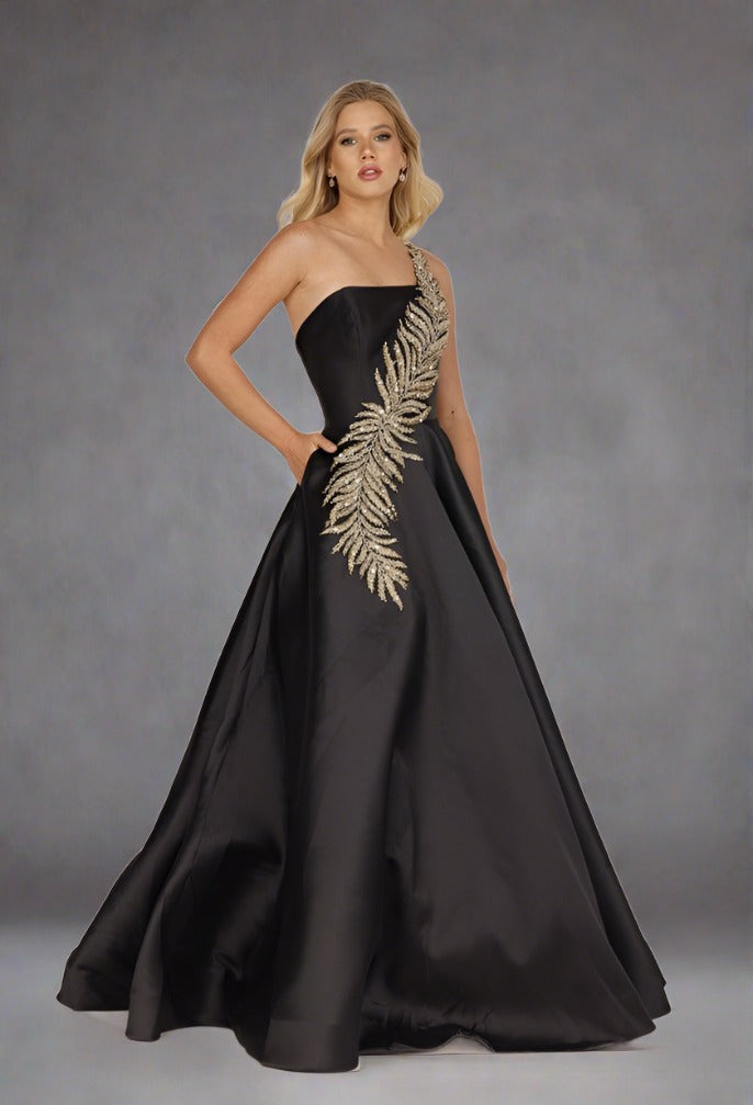 Terani Couture 1912E9202 One Shoulder Dazzling Fern Accent Gown 0 / Silver