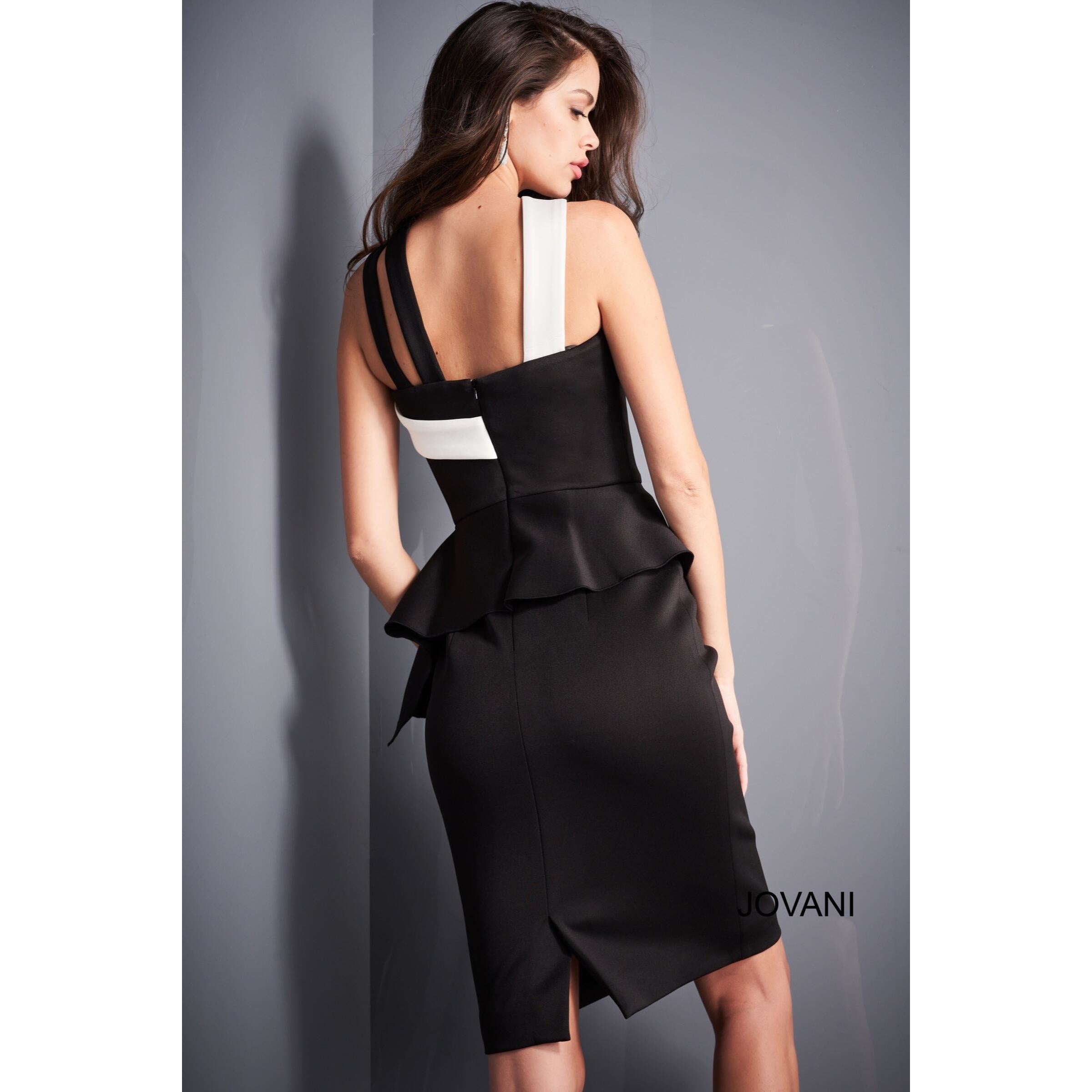 Jovani Cocktail Dress Jovani 04409 Black White Knee Length Cocktail Dress