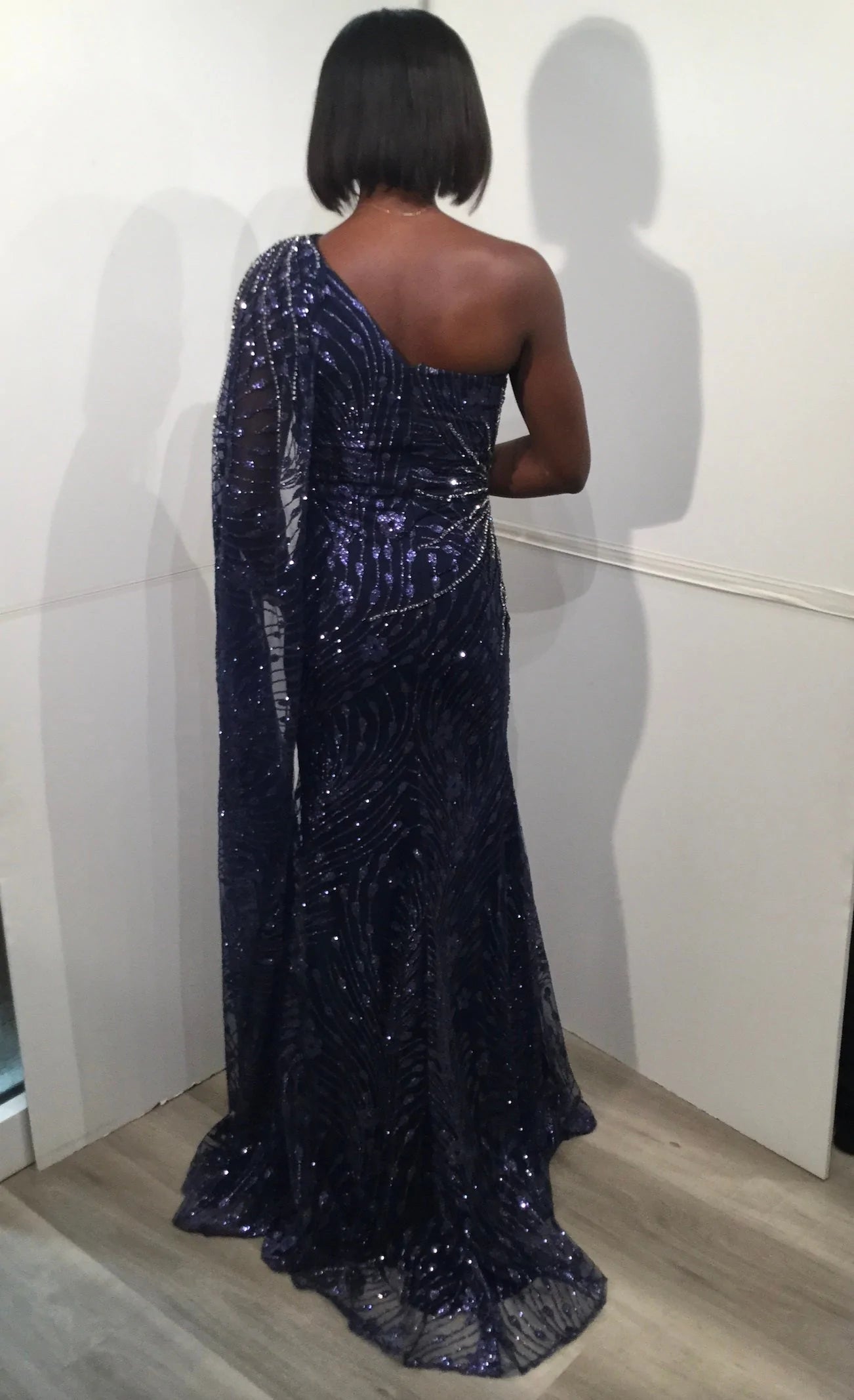 Jovani Dress Jovani 23354 Navy One Shoulder Embellished Evening Dress