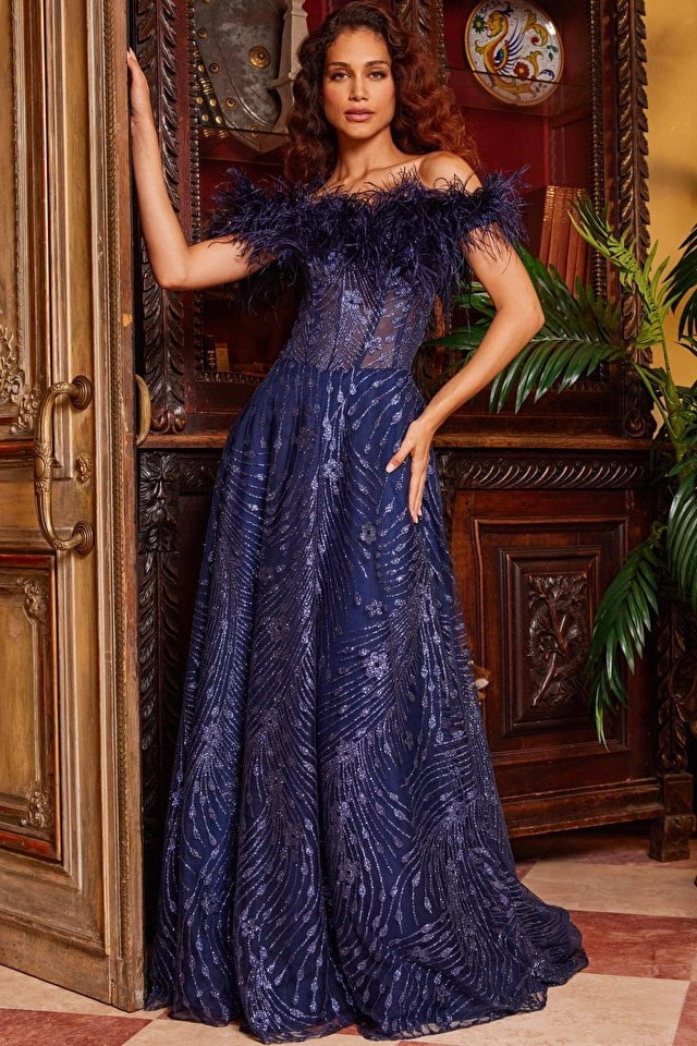Jovani Evening Dress Copy of Copy of Jovani 09943 Navy Embroidered A Line Evening Dress