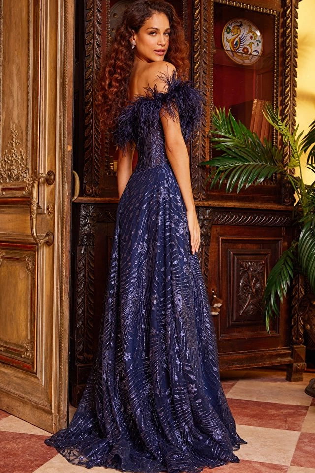 Jovani Evening Dress Copy of Copy of Jovani 09943 Navy Embroidered A Line Evening Dress