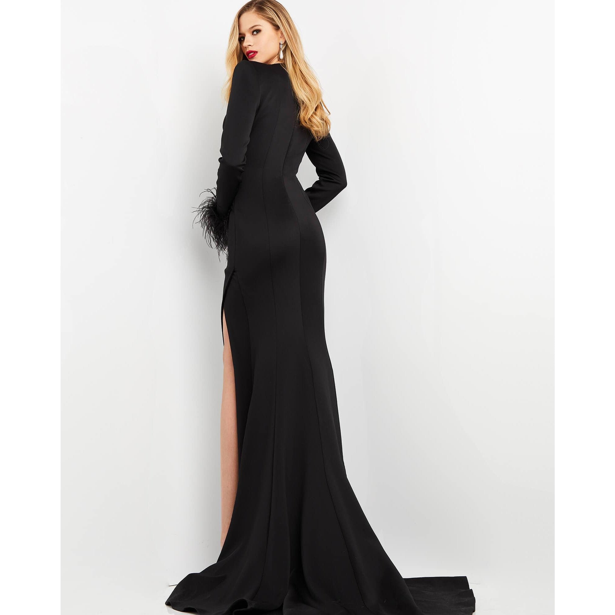 Jovani Evening Dress Jovani 04501 Black V Neck High Slit Evening Dress