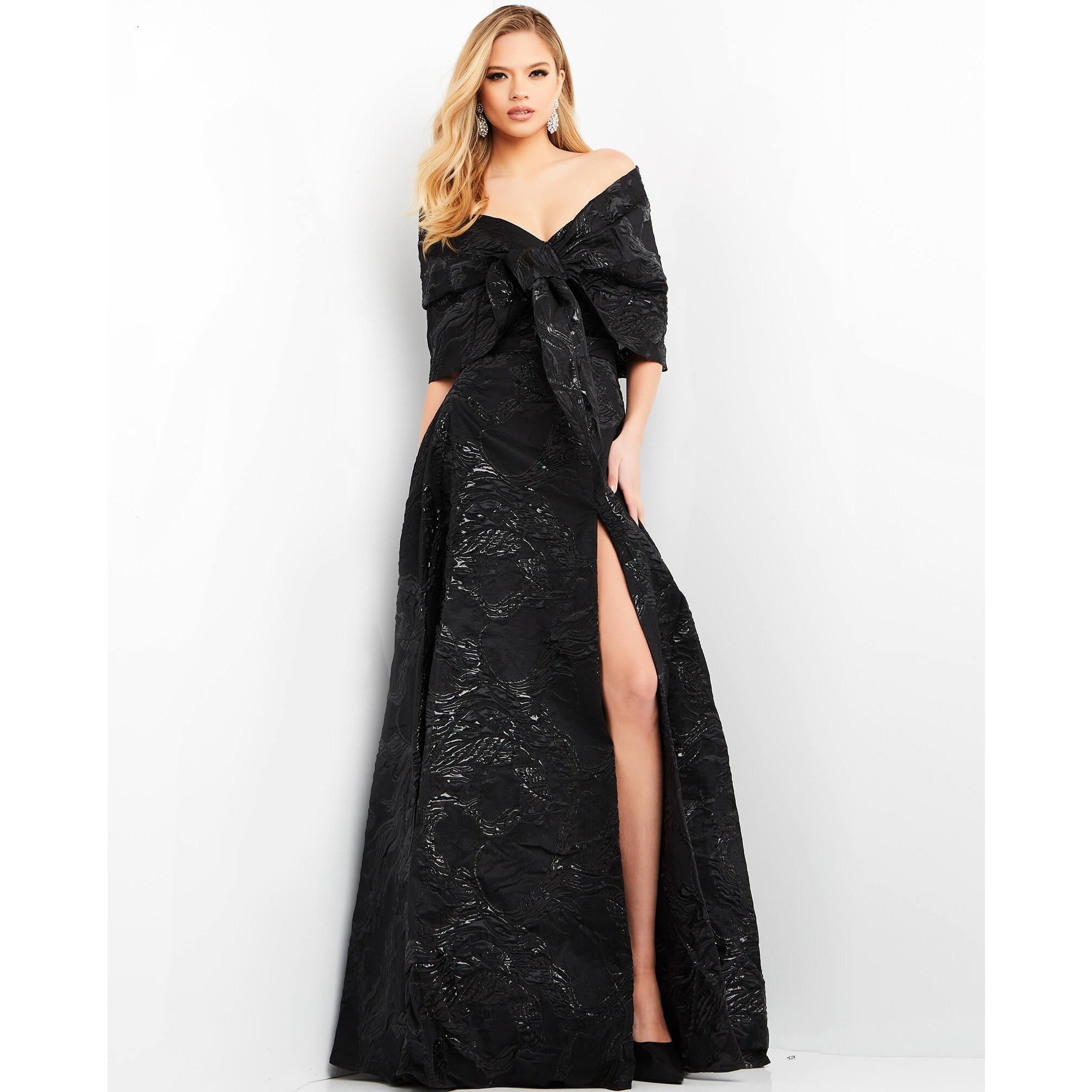 Jovani Evening Dress Jovani 05019 Black Off the Shoulder A Line Evening Dress