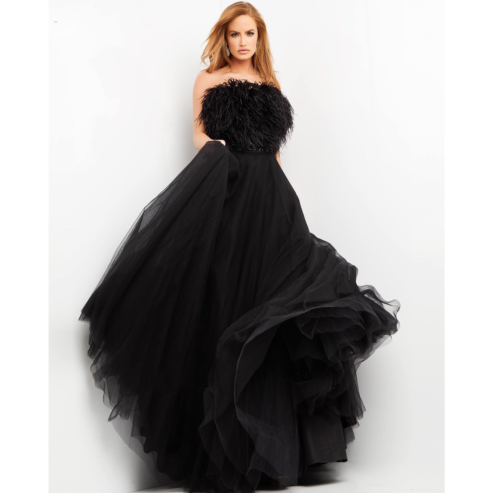 Jovani Evening Dress Jovani 05624 Black Feather Bodice Evening Ballgown