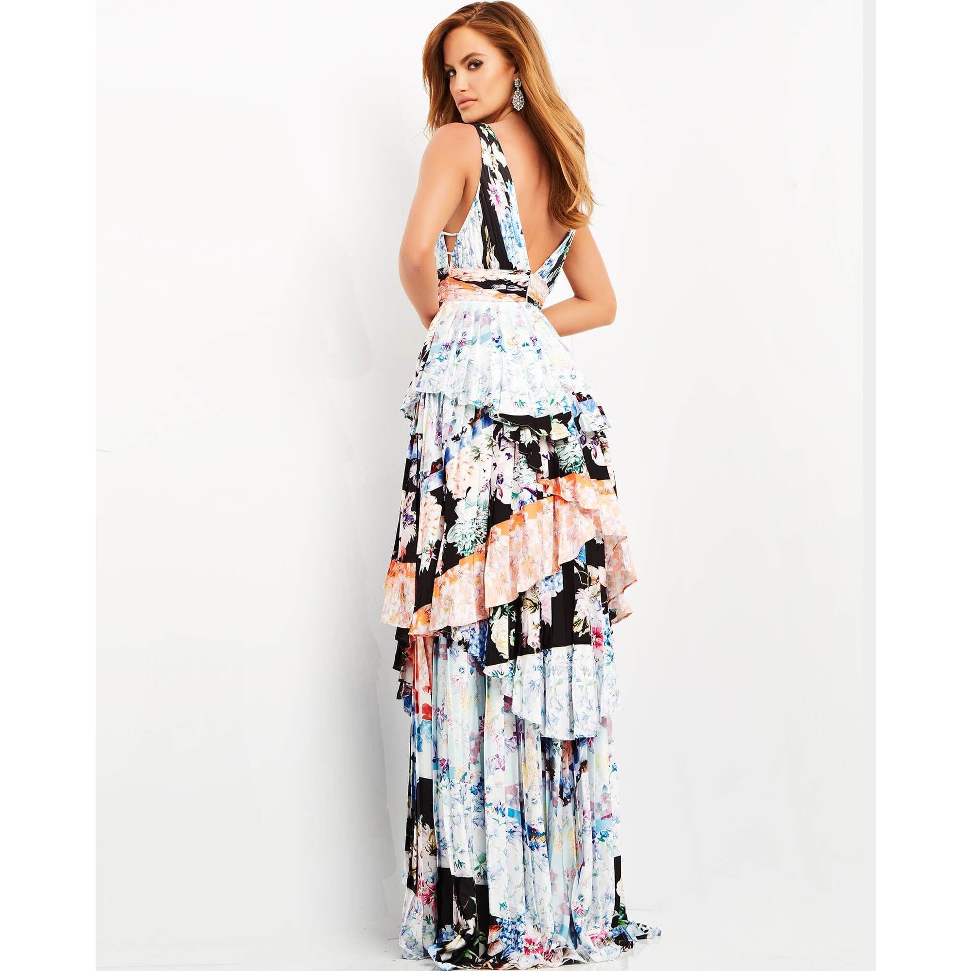 Jovani Evening Dress Jovani 06114 Print Pleated Plunging Neck Evening Dress