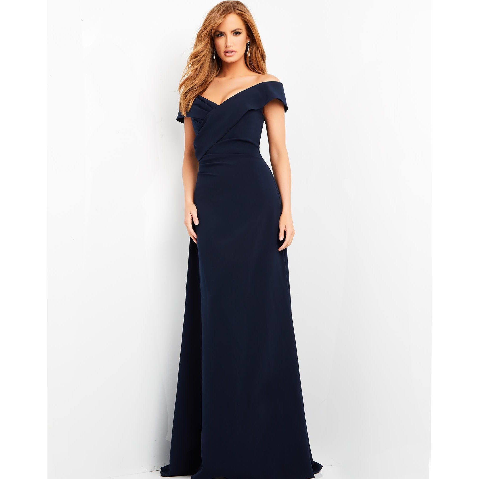 Jovani Evening Dress Jovani 06746 Navy Crepe Off the Shoulder Evening Dress