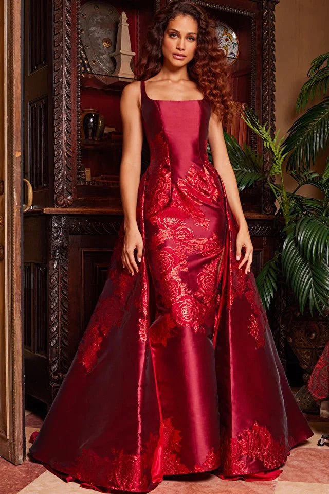 Jovani Evening Dress Jovani 07441 Red Pleated Overskirt Sleeveless Prom Gown