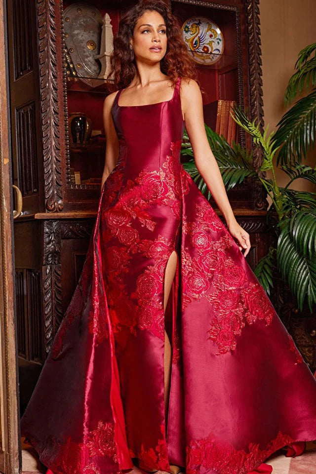 Jovani Evening Dress Jovani 07441 Red Pleated Overskirt Sleeveless Prom Gown