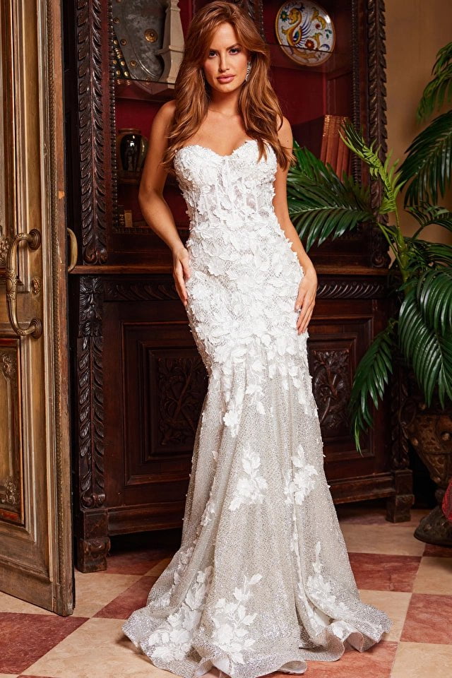 Jovani Evening Dress Jovani 07496 Off White Silver Floral Appliques Strapless Prom Dress