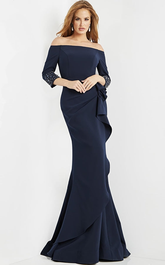 Jovani Evening Dress Jovani 08699 Navy Three Quarter Sleeve Evening Dress