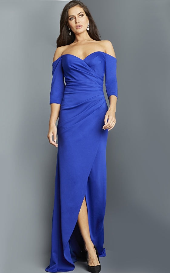 Jovani Evening Dress Jovani 09421 Royal Off the Shoulder Sheath Long Evening Gown