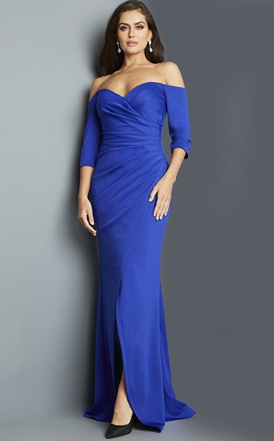Jovani Evening Dress Jovani 09421 Royal Off the Shoulder Sheath Long Evening Gown
