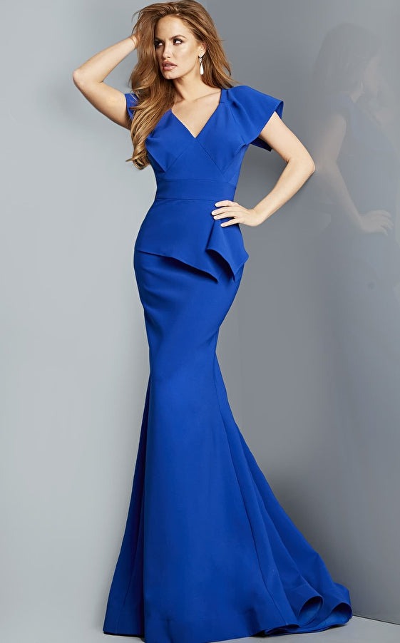 Jovani Evening Dress Jovani 09644 Royal V Neck Sheath Evening Dress