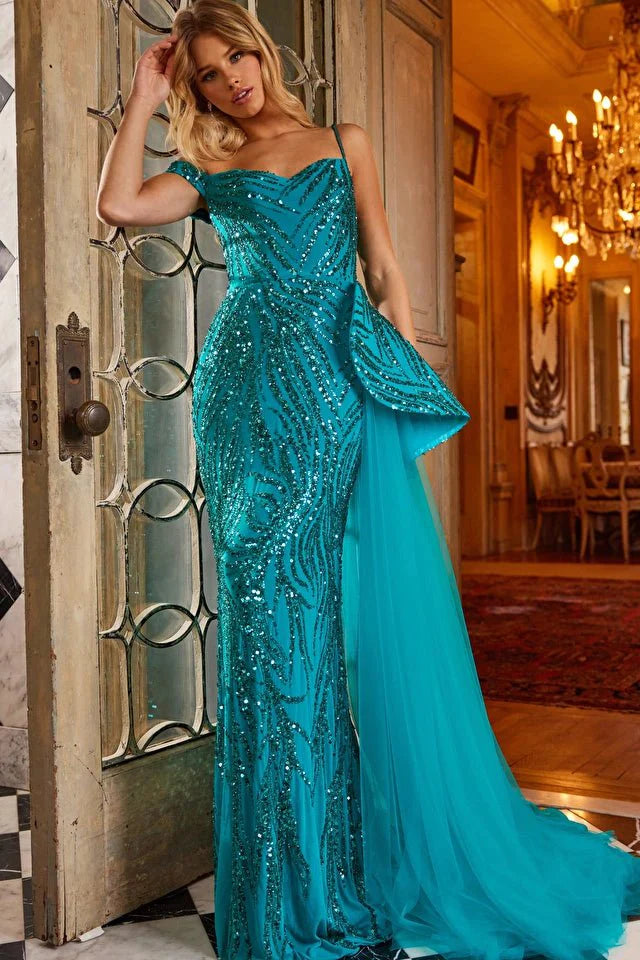 Jovani Evening Dress Jovani 23777 Peacock Beaded Sheath Evening Dress