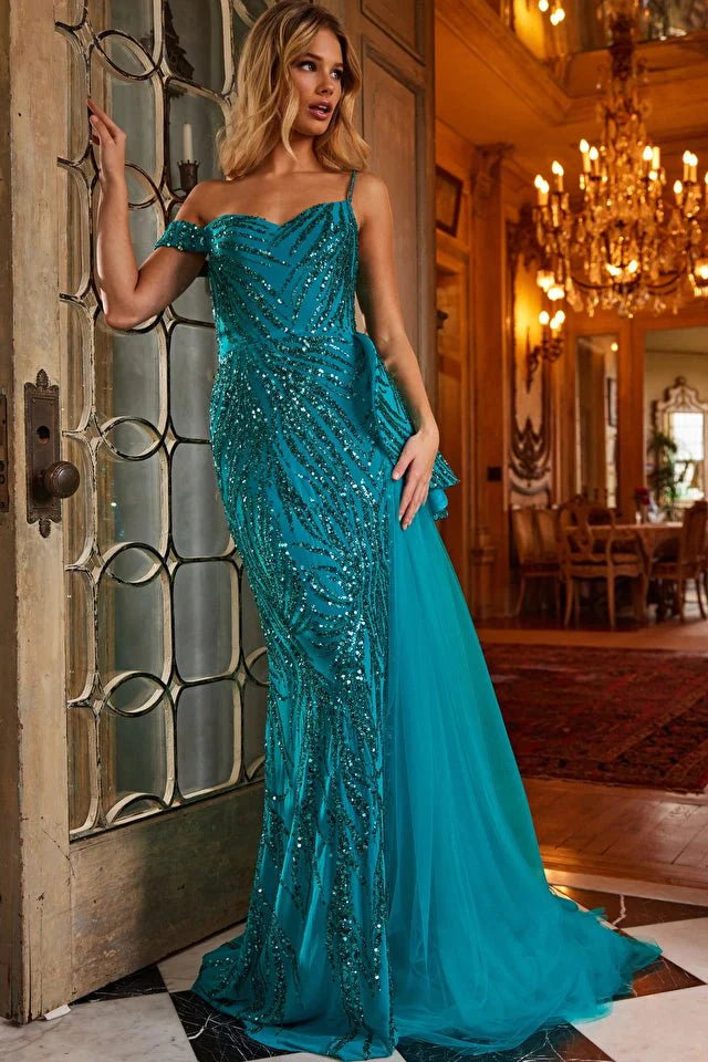 Jovani Evening Dress Jovani 23777 Peacock Beaded Sheath Evening Dress
