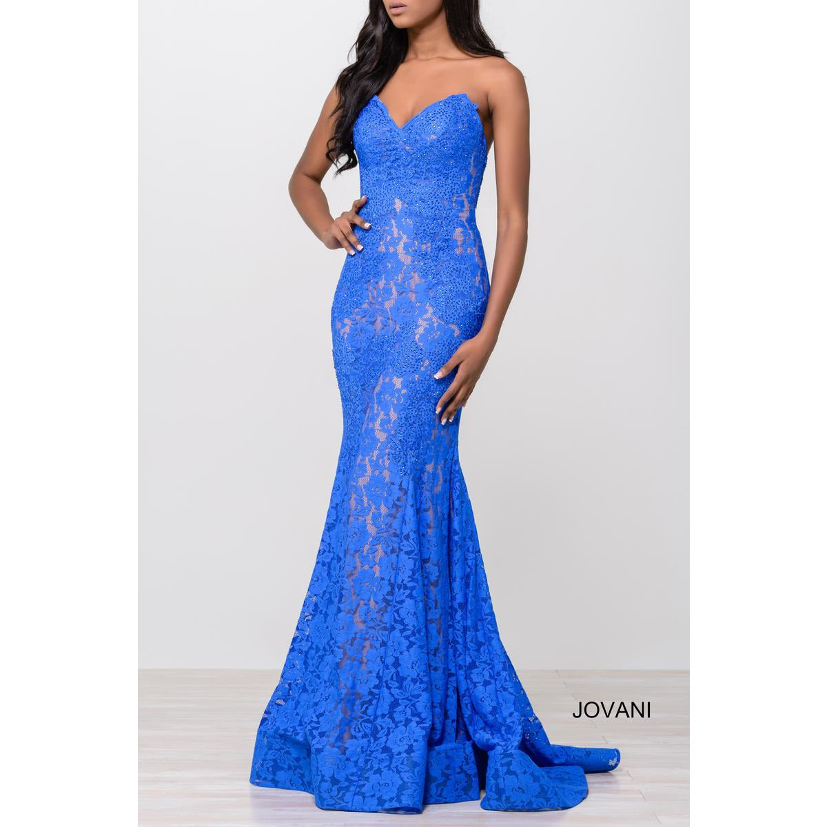 Jovani Prom Dress Fitted Strapless Lace Formal Dress 37334