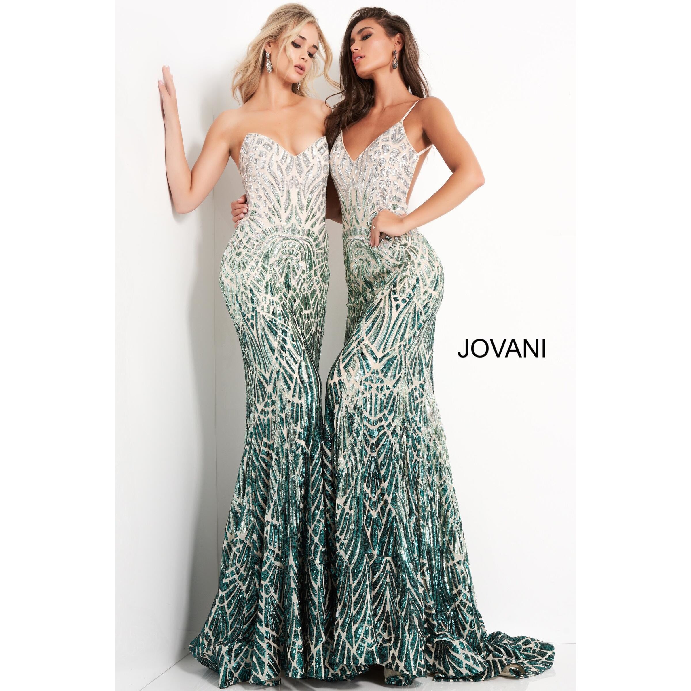 Jovani Prom Dress Jovani 06450 Silver Green Backless Sequin Prom Dress