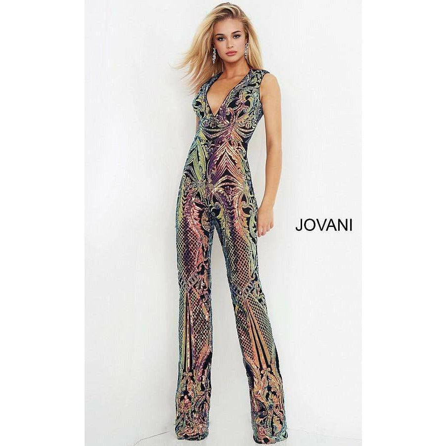 Jovani Prom Dress Jovani Black Green Sequin Embellished Prom Jumpsuit 02469
