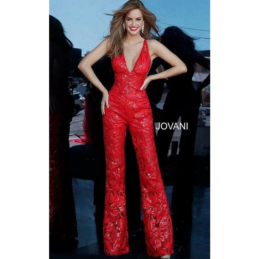 Jovani Prom Dress Jovani Red Embellished V Neck Jumpsuit 00474