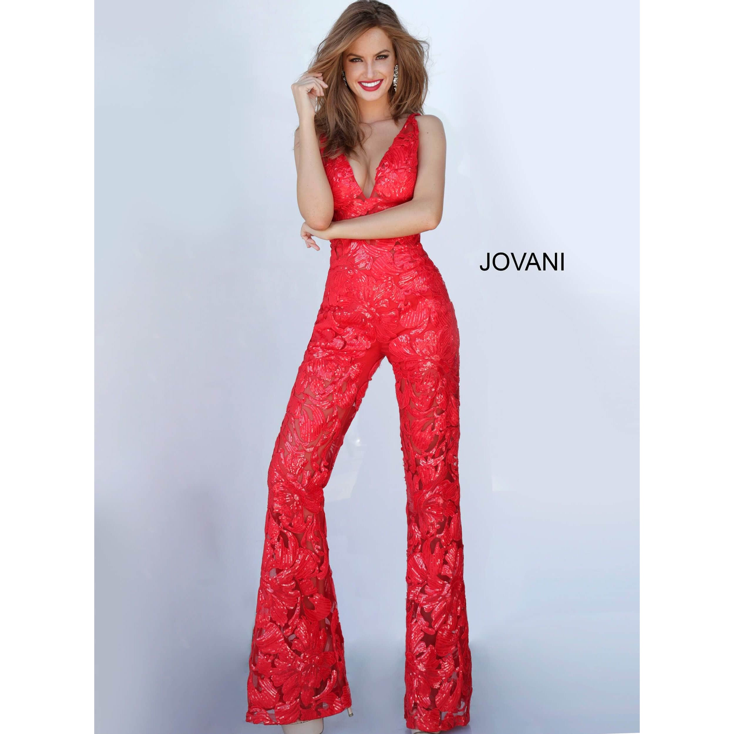 Jovani Prom Dress Jovani Red Embellished V Neck Jumpsuit 00474