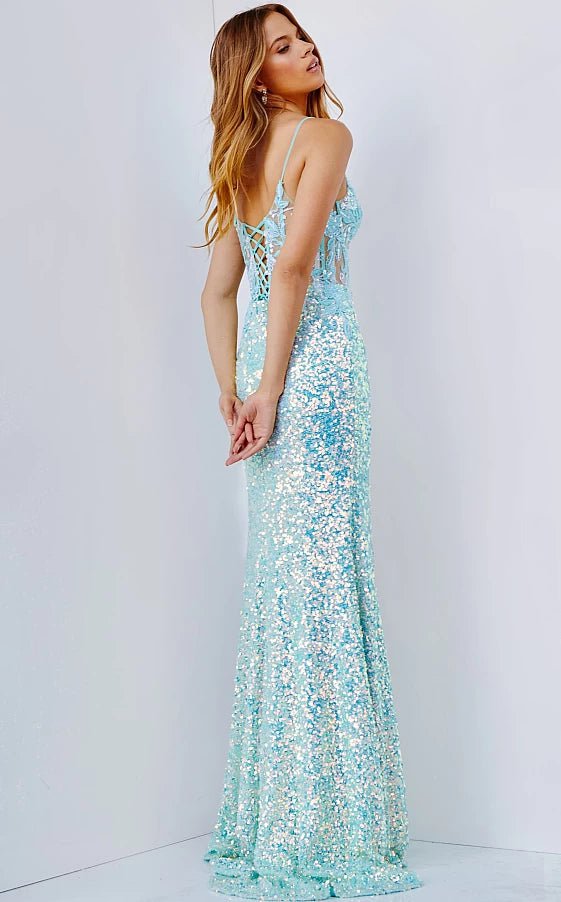 Jovani Prom Dress JVN24299 Aqua Illusion Bodice Plunging Neck Prom Dress