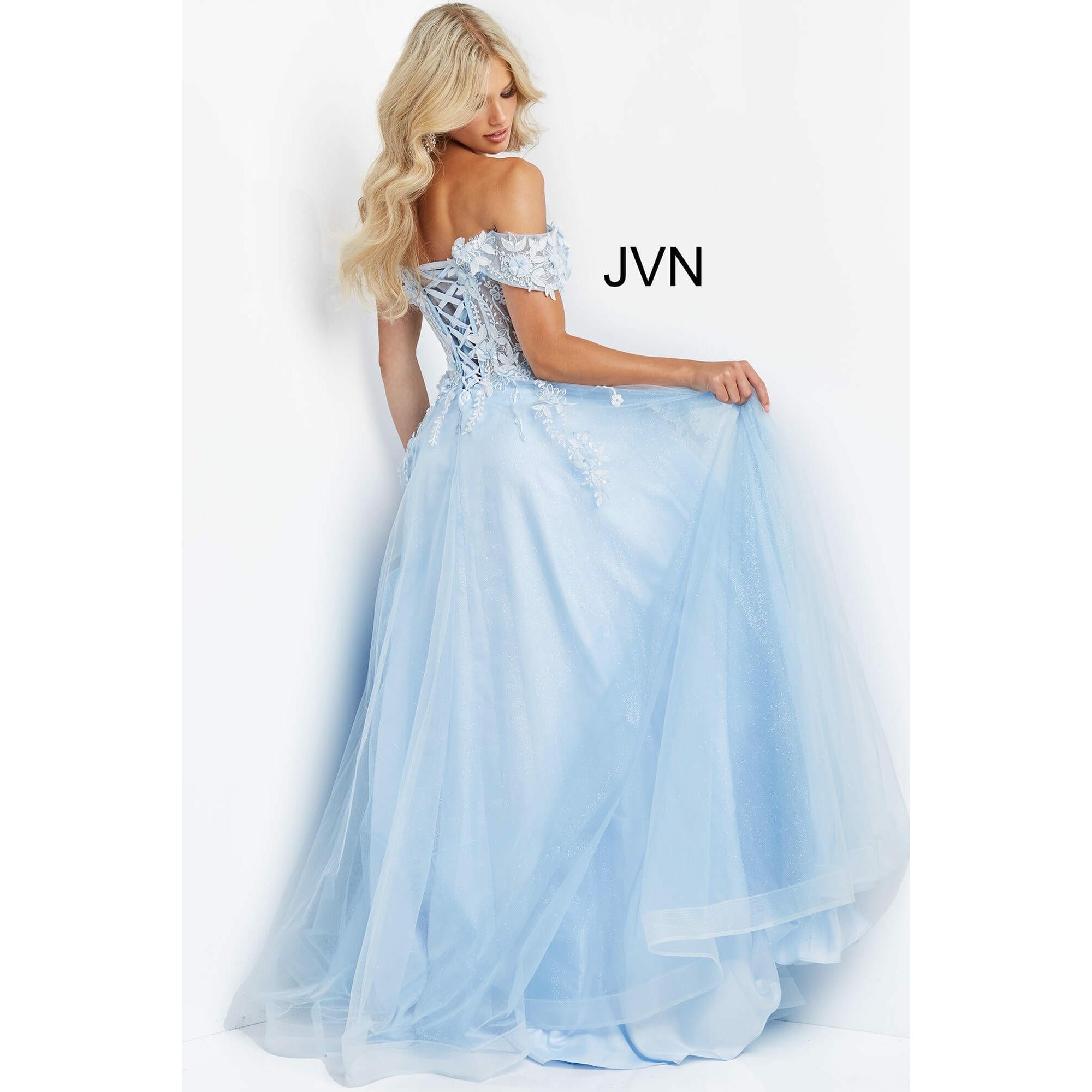 JVN by Jovani Evening Dresses JVN08295 Lilac Off the Shoulder Corset Bodice Prom Dress