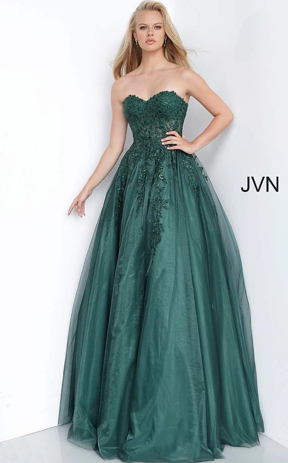 JVN by Jovani Prom Dress JVN00915 Light Blue Strapless Embroidered Prom Ballgown