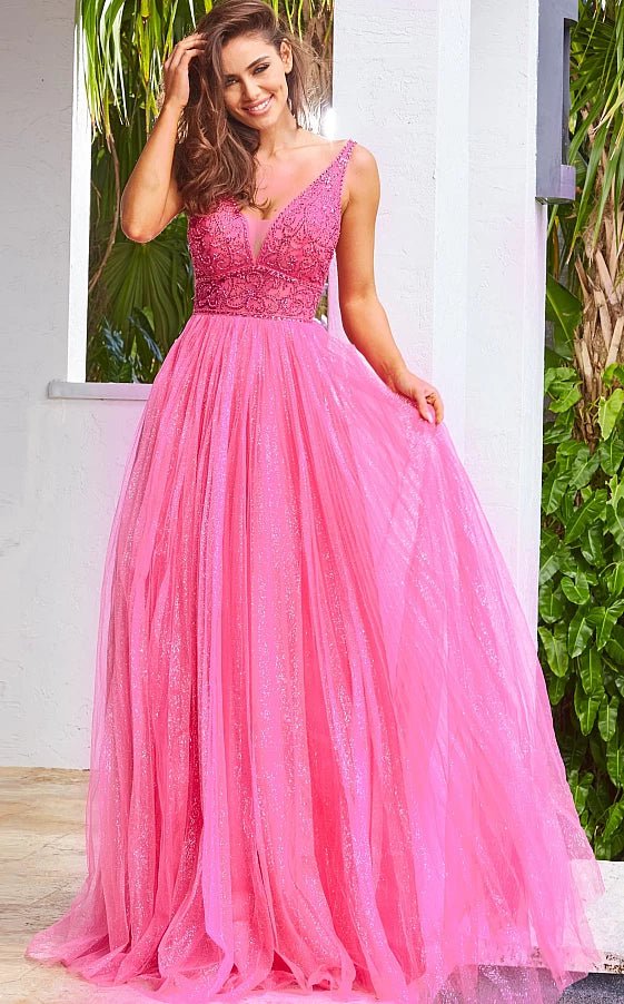 JVN by Jovani Prom Dress JVN05818 Fuchsia Tulle Skirt Sleeveless Prom Gown