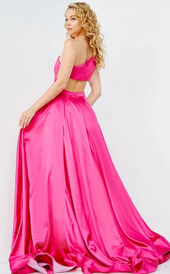JVN by Jovani Prom Dress JVN07410 Fuchsia One Shoulder High Slit Satin Prom Gown