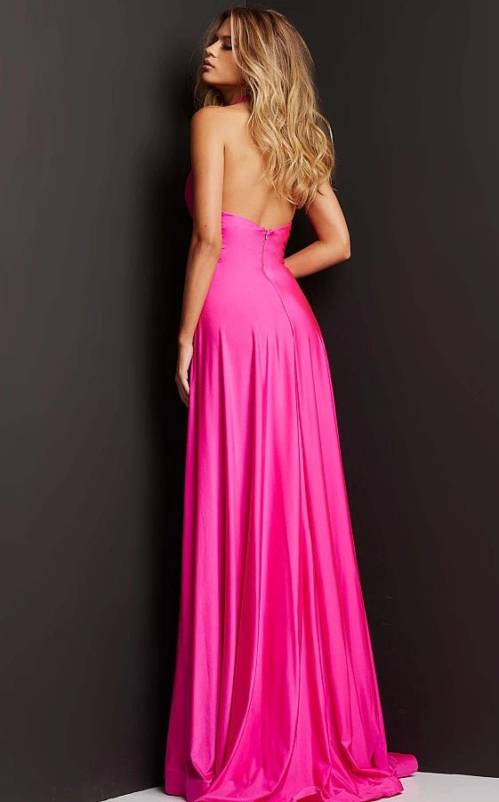 JVN by Jovani Prom Dress JVN08640 Hot Pink Halter Neckline High Slit Prom Dress