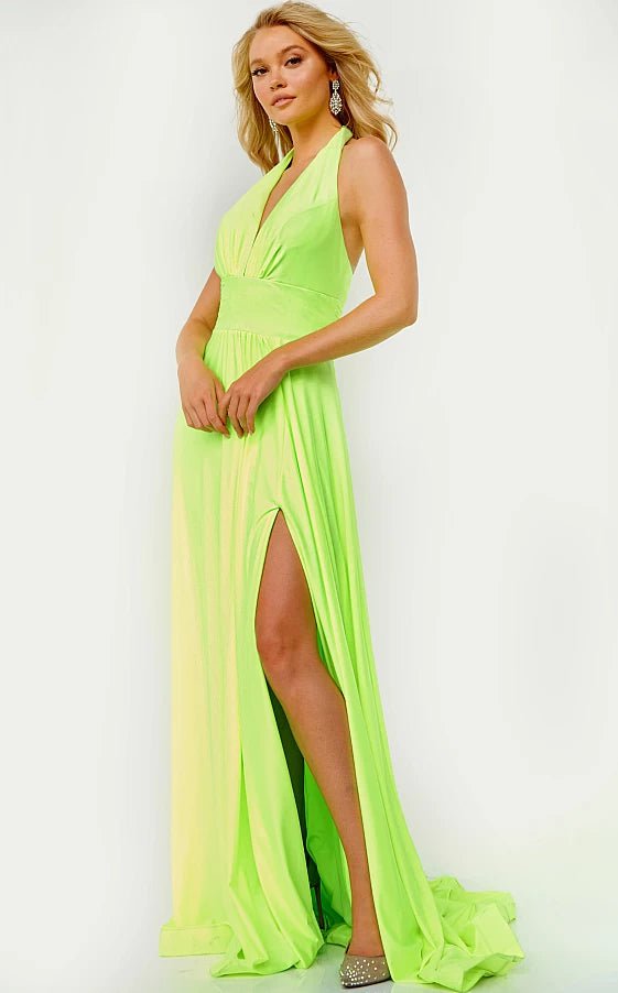 JVN by Jovani Prom Dress JVN08640 Hot Pink Halter Neckline High Slit Prom Dress