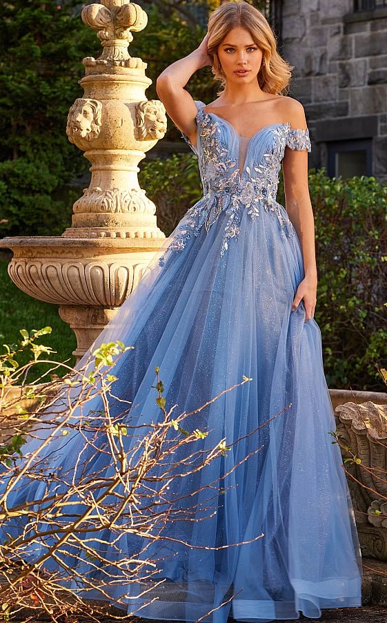 JVN by Jovani Prom Dress JVN23698 Sky Blue Floral Bodice Prom Ballgown