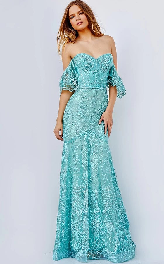 JVN by Jovani Prom Dress JVN23986 Green Off the Shoulder Sweetheart Neck Prom Dress