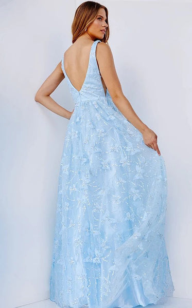 JVN24182 Light Blue Plunging Neck A Line Prom Gown NorasBridalBoutiqueNY