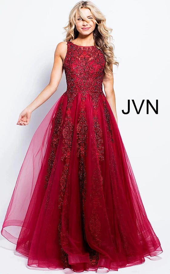 JVN by Jovani Prom Dress JVN59046 Burgundy Embellished Sleeveless Tulle Prom Ballgown