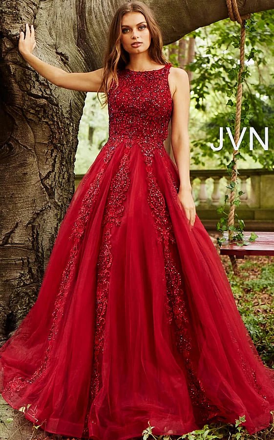 JVN by Jovani Prom Dress JVN59046 Burgundy Embellished Sleeveless Tulle Prom Ballgown