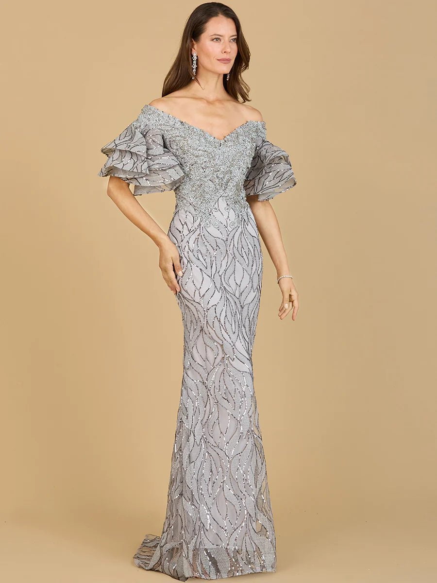 Lara Dresses 29190 Tiered Sleeve V Neck Evening Gown 14 / Navy Lara Dresses 29190 Tiered Sleeve V Neck Evening Gown 14 / Navy